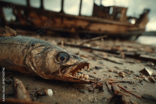Decayed fish with teeth exposed on sandy beach, broken boat in background, shows marine decomposition and effects of time