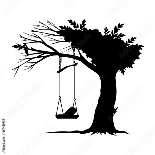 Silhouette of a solitary tree with a swing, evoking childhood memories