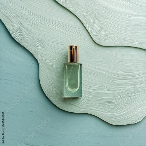 Minimalist glass perfume bottle with golden cap on textured pastel green background, evoking calm and elegance in modern aesthetic