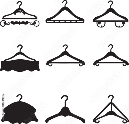 Nine Stylish Black Silhouette Coat Hangers: Vector Illustration for Fashion Design