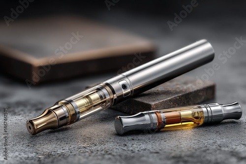 Close-up view of two vaporizer pens with visible liquid on dark grey background for product showcase or advertisement