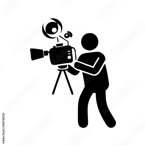 A stick figure operating an old movie camera with lights and tripod