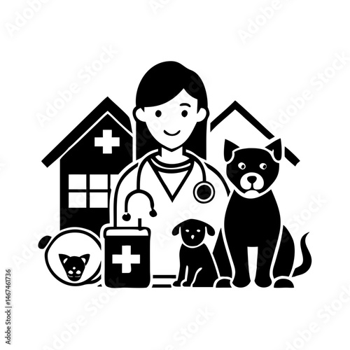 Veterinarian with pets in front of veterinary clinic building icon vector