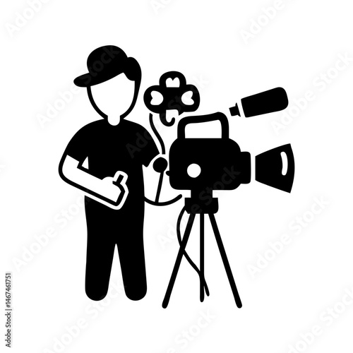 Black and White Illustration of a Cameraman with Camera and Microphone