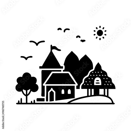 Black and white illustration of a fanciful landscape with buildings and nature
