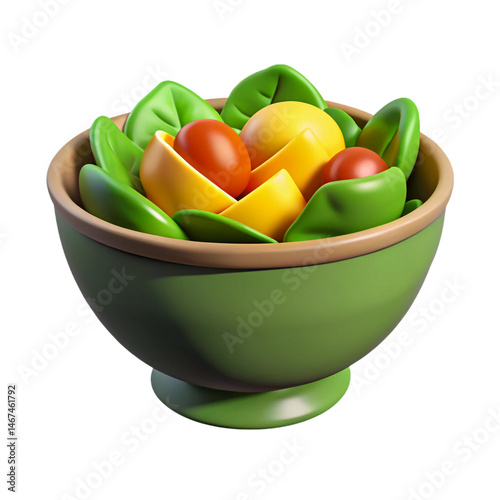 Delicious 3D fruit salad icon in green bowl vibrant oranges tomatoes spinach leaves on transparent background