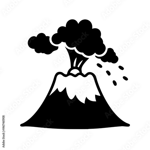Cartoon depiction of a volcano erupting with smoke and lava droplets