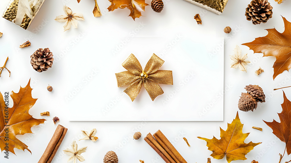 Elegance and Festive Fall: Blank Space Surrounded by Autumnal Elements and Golden Bow Elegance and Festive Fall: Blank Space Surrounded by Autumnal Elements and Golden Bow