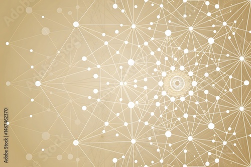 Abstract network of interconnected lines and points.  A complex, light beige and white network of lines and dots that creates a sense of depth and interconnectedness
