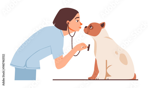 Veterinarian examining a dog. Pet care, medical checkups, and animal wellness in a veterinary environment. Vet doctor.  Flat  vector illustration.