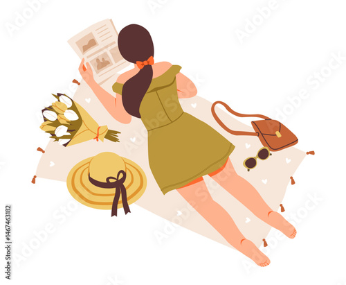 Woman reading newspaper on beach blanket. Outdoor recreation. Flat vector illustration.