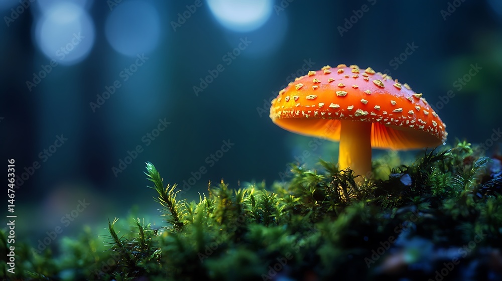 Fototapeta premium Amanita muscaria mushroom: vibrant, orange-capped fungi amidst lush green moss.