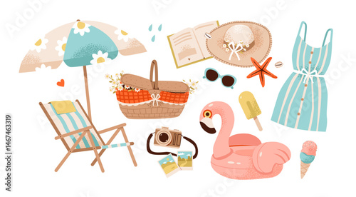 Summer vacation scene with tropical elements, beach umbrella, flamingo, and ice cream. each trip with lounger, basket, and sunglasses, perfect for a holiday or picnic. Flat vector illustration.