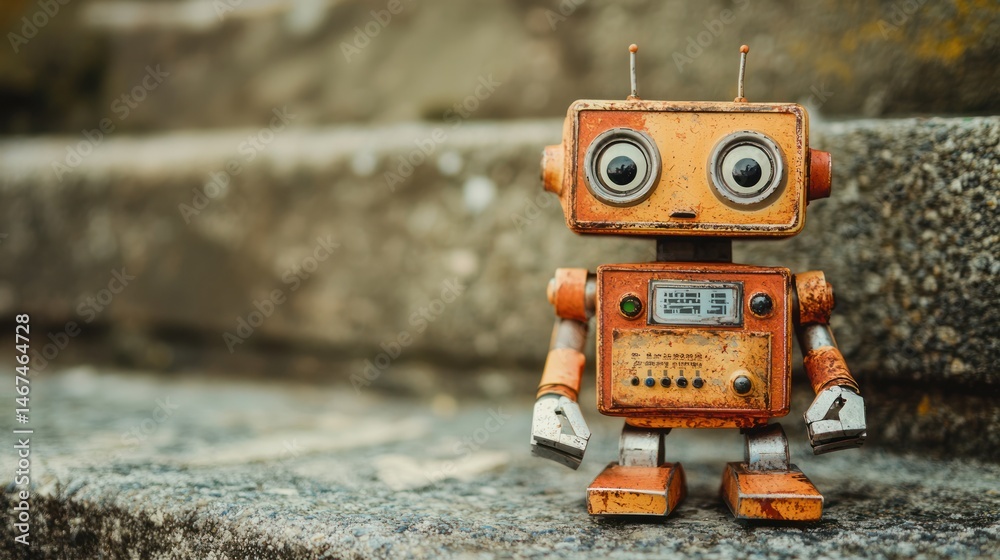 Fototapeta premium A small, rusted robot with a square head and a rectangular body, standing on a concrete step with a stone wall in the background.