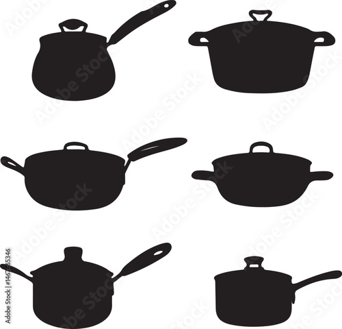 Silhouette Kitchen Cookware Set: Pots, Pans, Lids, Black and White Vector Illustration