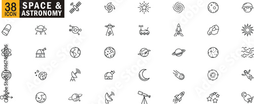 Space and astronomy editable outline icon set. Galaxy, planets, rockets, telescope, universe, astronaut and more.