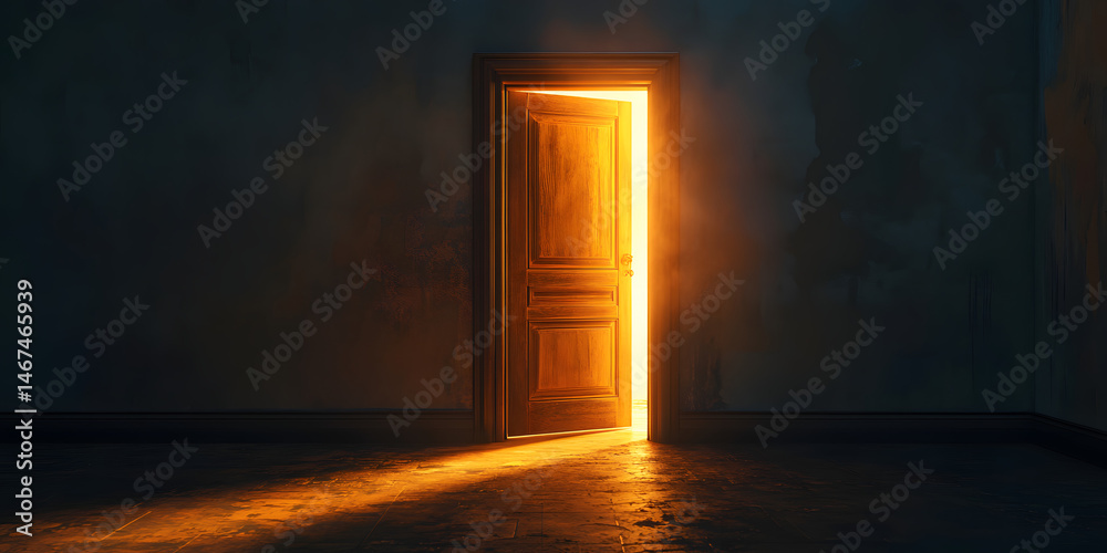 Open door in dark room, light shining from beyond, showcasing opportunity, new beginnings, hope, and transition