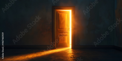 Obraz na płótnie Open door in dark room, light shining from beyond, showcasing opportunity, new beginnings, hope, and transition w salonie