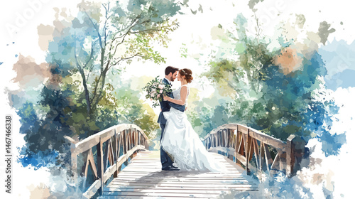 Watercolor Wedding Embrace: An artistic depiction of a couple embracing on a bridge, surrounded by lush greenery. Capturing the tender moment with a soft, painterly effect, conveying love.