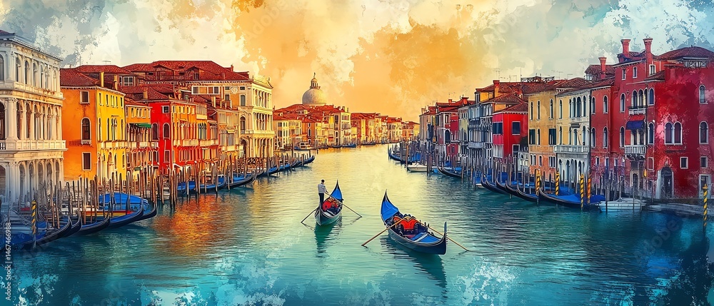 Venetian canal, gondolas, sunset, colorful buildings, Italy.