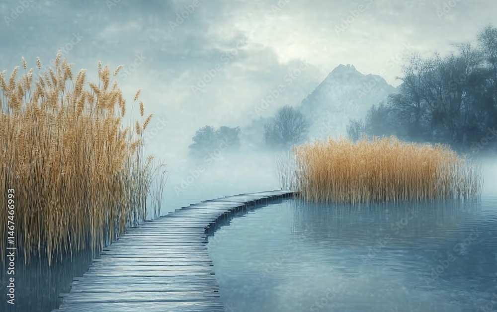 Serene misty lake scene, wooden path, reeds.
