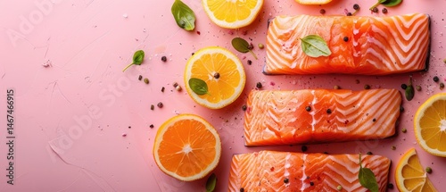 Panel kuchenny z motywem Fresh raw salmon fillets with sea salt and rosemary on a light slate background. Flat lay composition with copy space for seafood and culinary design. Top down view of raw salmon with seasoning. AIG55