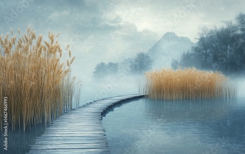 Serene misty lake scene, wooden path, reeds.
