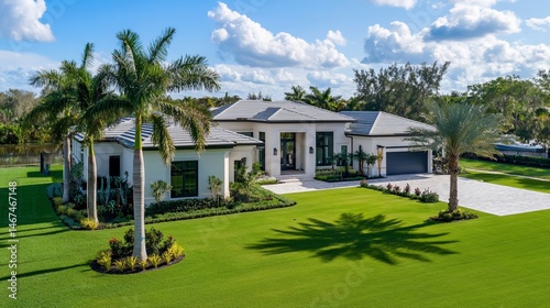 Elegant luxury house exterior showcasing pristine landscaping and modern architecture