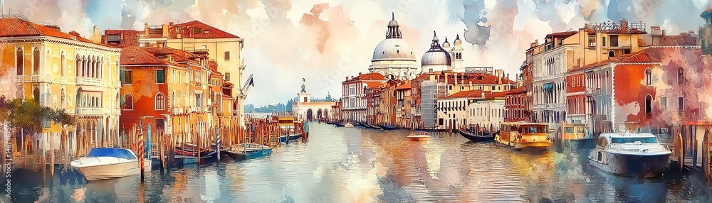 Watercolor Venice canal scene, boats, buildings.