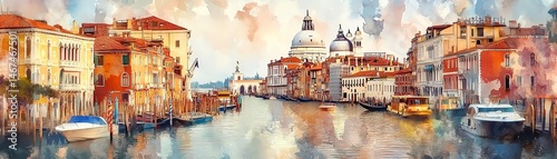 Obraz na płótnie Watercolor Venice canal scene, boats, buildings. w salonie