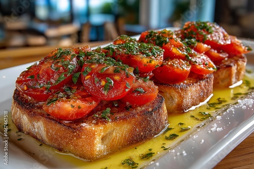 Plate of Pa amb Tomaquet, tomato rubbed bread, topped with sliced tomatoes, drizzled with olive oil. Concept of Pa amb Tomaquet highlighting fresh ingredients and vibrant colors.