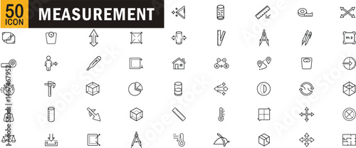 Measurement and dimension outline icon set. Includes rulers, scales, thermometers, compasses, volume, weight, distance, and geometry tools.