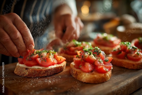 Chef's hands sprinkling tomato slices on toasted bread, creating Pa amb Tomaquet, a classic dish. Concept of Pa amb Tomaquet highlights simplicity and freshness of tomato rubbed bread. photo