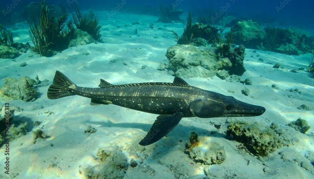 Fototapeta premium Dark-Colored Fish Swimming Over Sandy Ocean Floor with Coral Reefs