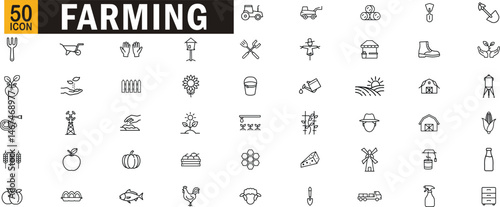 Farming outline icon set. Includes agriculture tools, harvest, farmer equipment, livestock, irrigation, tractors, produce, market, and rural lifestyle symbols.