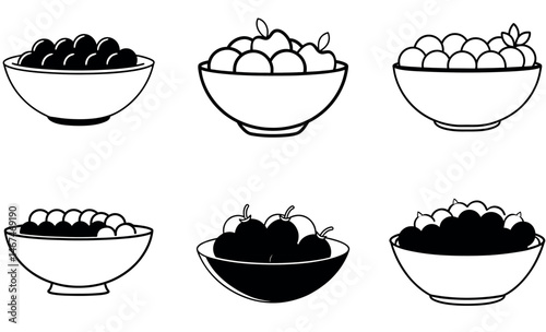 Black and White Bowl with Fruits Silhouette Icons Collection