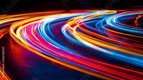 Streaks of light create a dynamic colorful abstract composition with dark tones