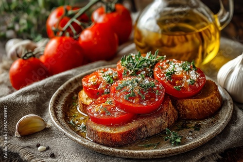 Plate of Pa amb Tomaquet, tomato rubbed bread topped with tomato slices, drizzled with olive oil and herbs. Concept of cozy Pa amb Tomaquet, inviting rustic feel.