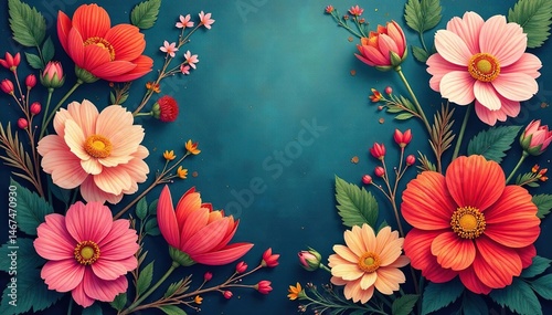 Floral botanical elements form a continuous print , colorful, design