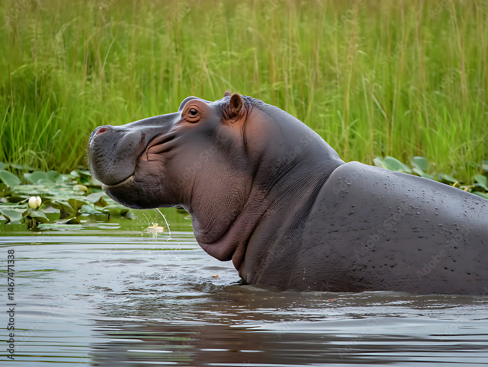 Fototapeta premium Close-Up of a Hippopotamus in Water: Serene Wildlife Moment