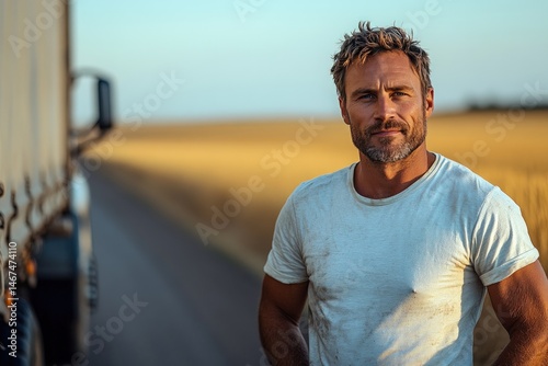 Trucker pauses in golden field