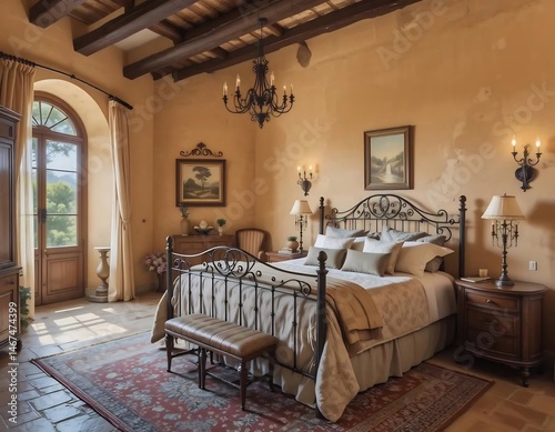 Elegant Mediterranean Style Bedroom with Rustic Iron Bed and Classic Decor