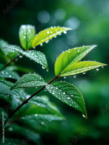 Dew-Kissed Leaves: A Macro View of Nature's Refreshment After Rain, Showcasing Intricate Details and Vibrant Green Hues