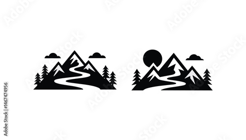 Black and White Mountain Landscape Icons – Nature and Wilderness Vector Set