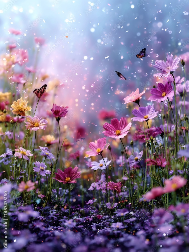 Obraz premium Enchanting Meadow: Butterflies Flutter Among Blooming Cosmos Flowers in a Dreamy, Shimmering Landscape
