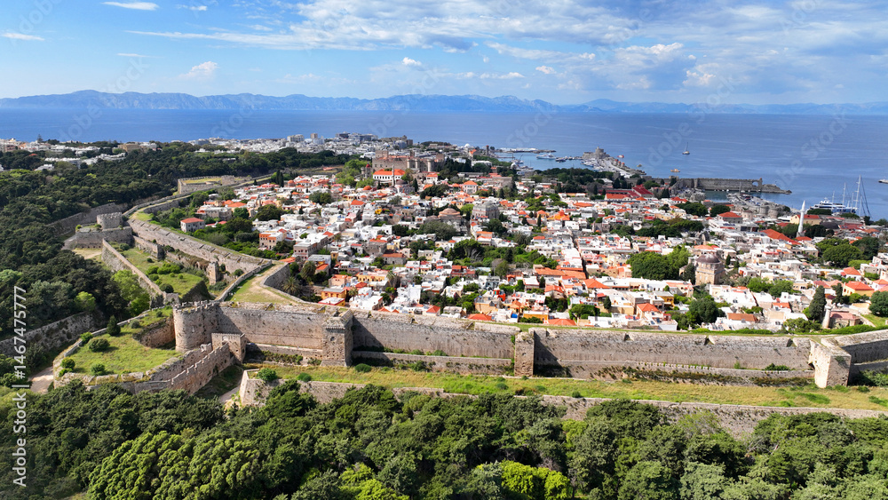 Fototapeta premium Aerial drone photo of iconic medieval fortified old town of Rhodos island an unesco world heritage site, Dodecanese, Greece