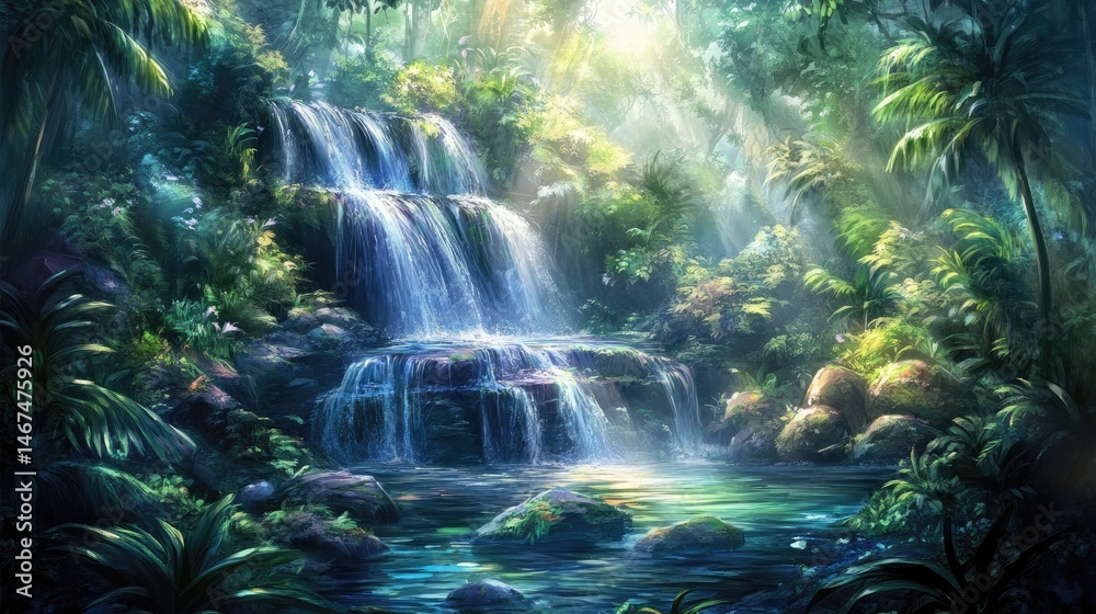 Serene waterfall cascading into a lush, tranquil jungle pool bathed in sunlight Serene waterfall cascading into a lush, tranquil jungle pool bathed in sunlight