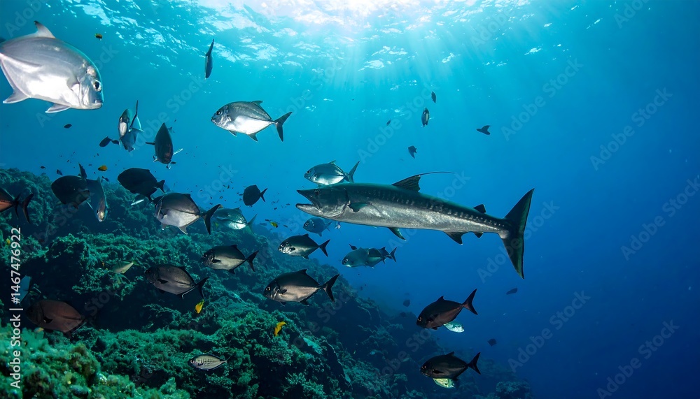 Obraz premium Wahoo and Fish School Above Vibrant Coral Reef