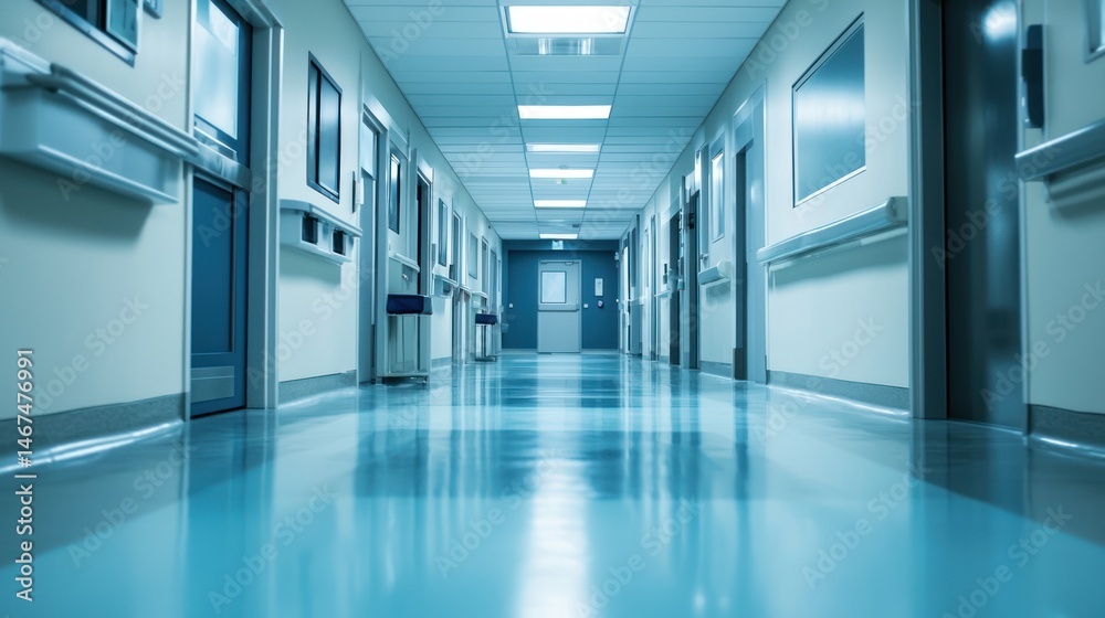 Fototapeta premium A hospital hallway with blue lights and a blue floor.