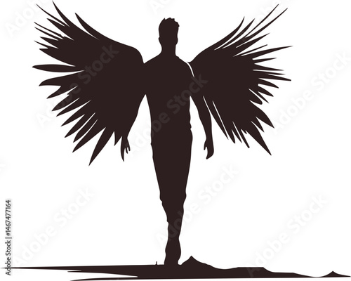 Black Silhouette of Walking Figure with Abstract Wing